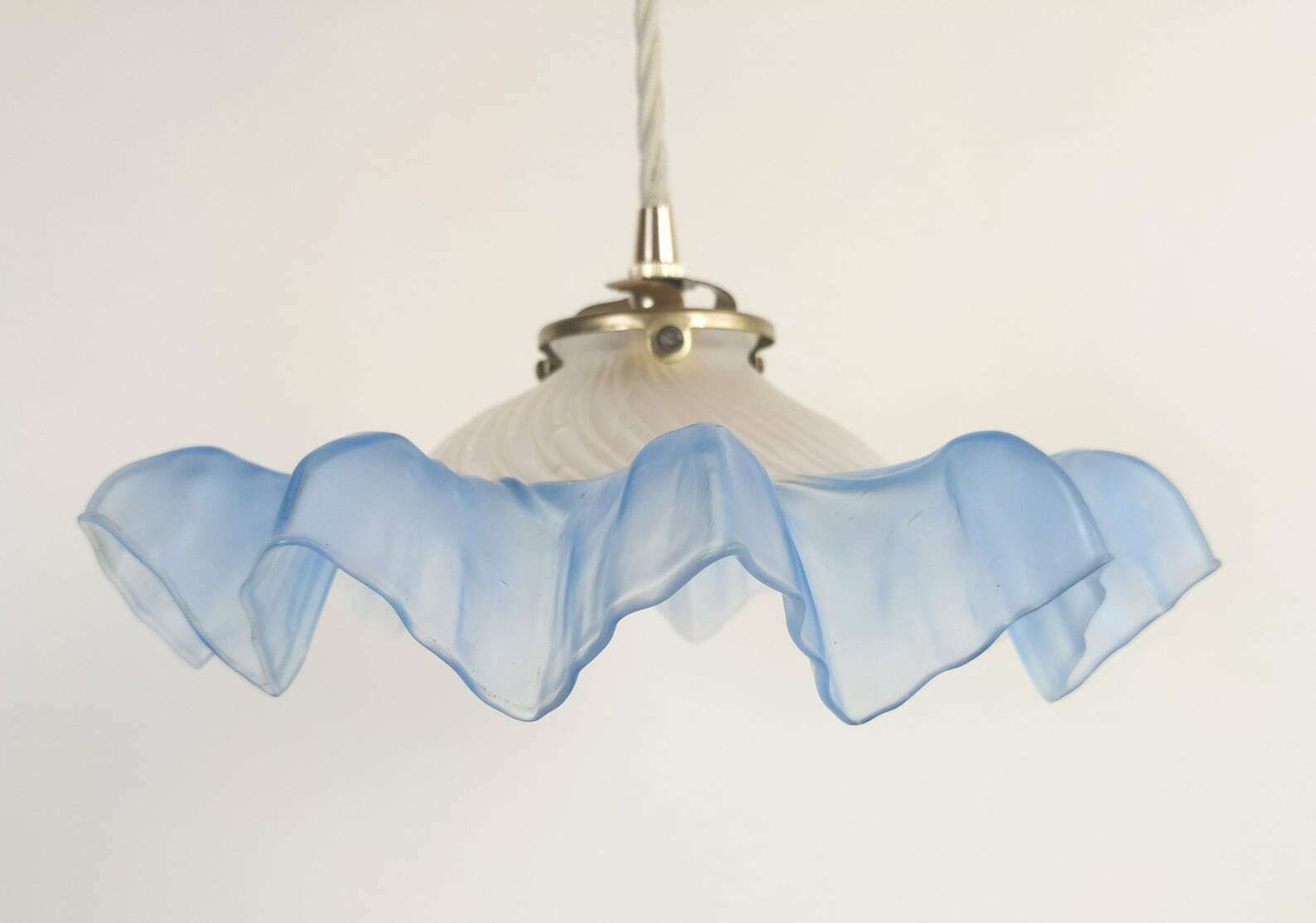 French Blue Glass Ceiling Light With Brass Hardware And Beige Fabric Cable + Porcelain Ceiling Rose, Ruffled Petticoat Pendant Light photo buy