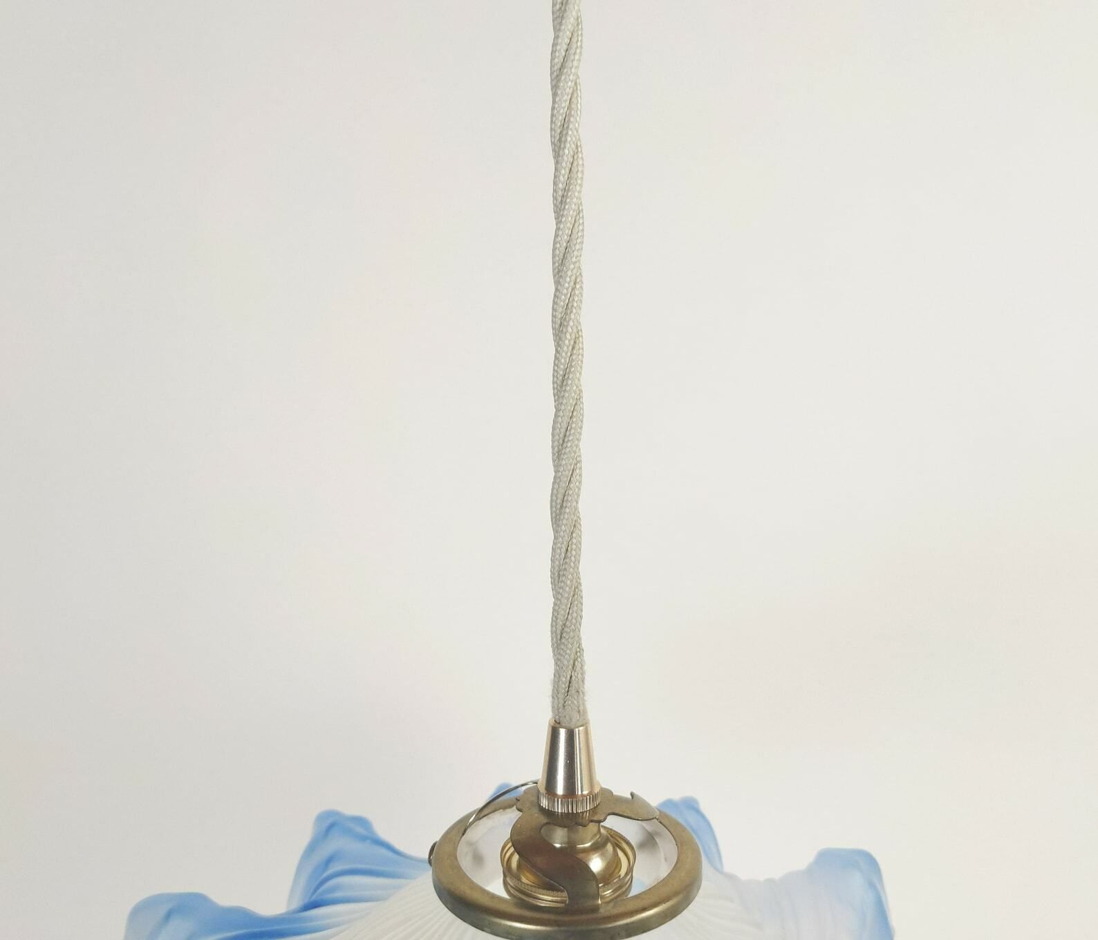 photo for sale French Blue Glass Ceiling Light With Brass Hardware And Beige Fabric Cable + Porcelain Ceiling Rose, Ruffled Petticoat Pendant Light