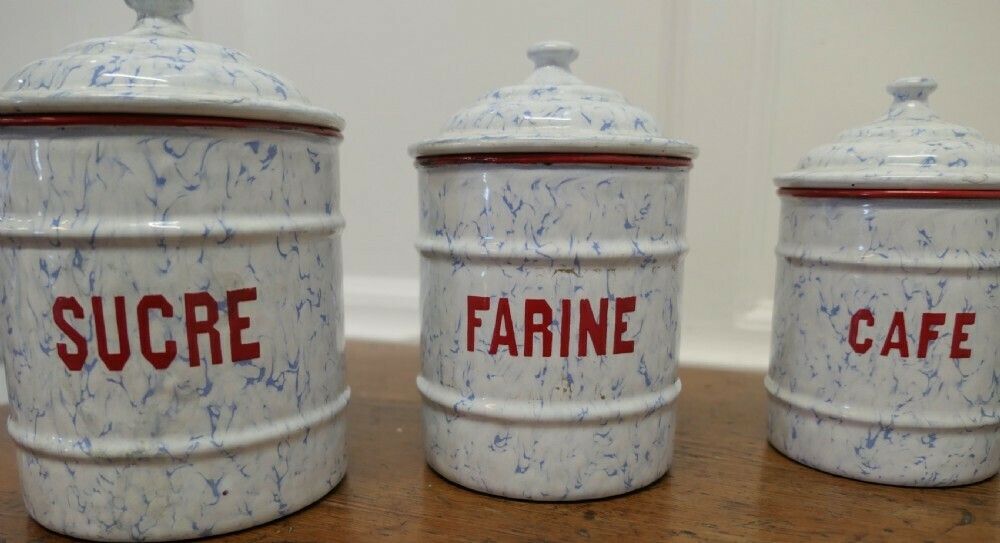 Lovely Set Of French Enamel Food Canisters photo furniture