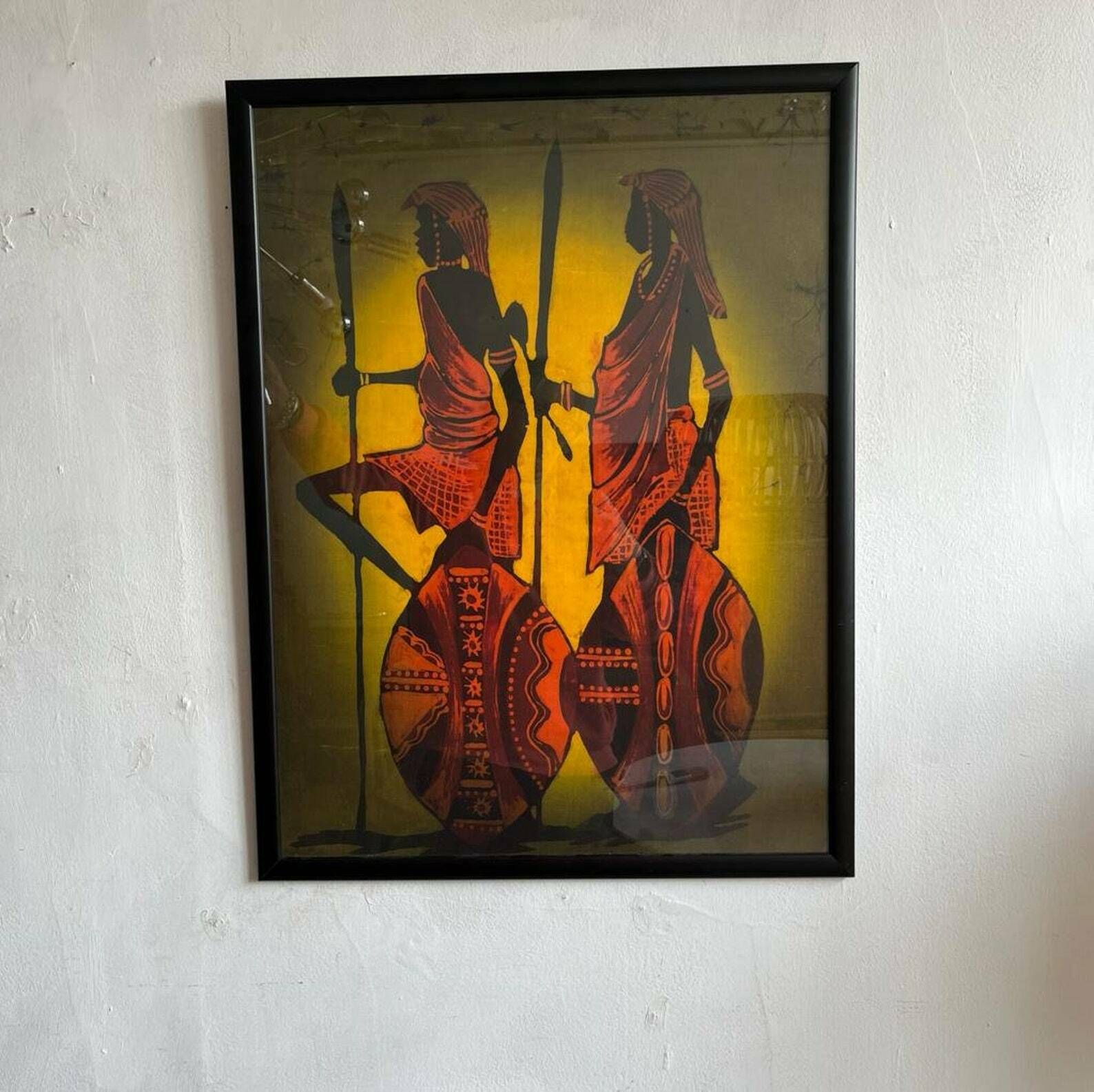 Framed African Batik Scene Of 2 Warriors Wall Art