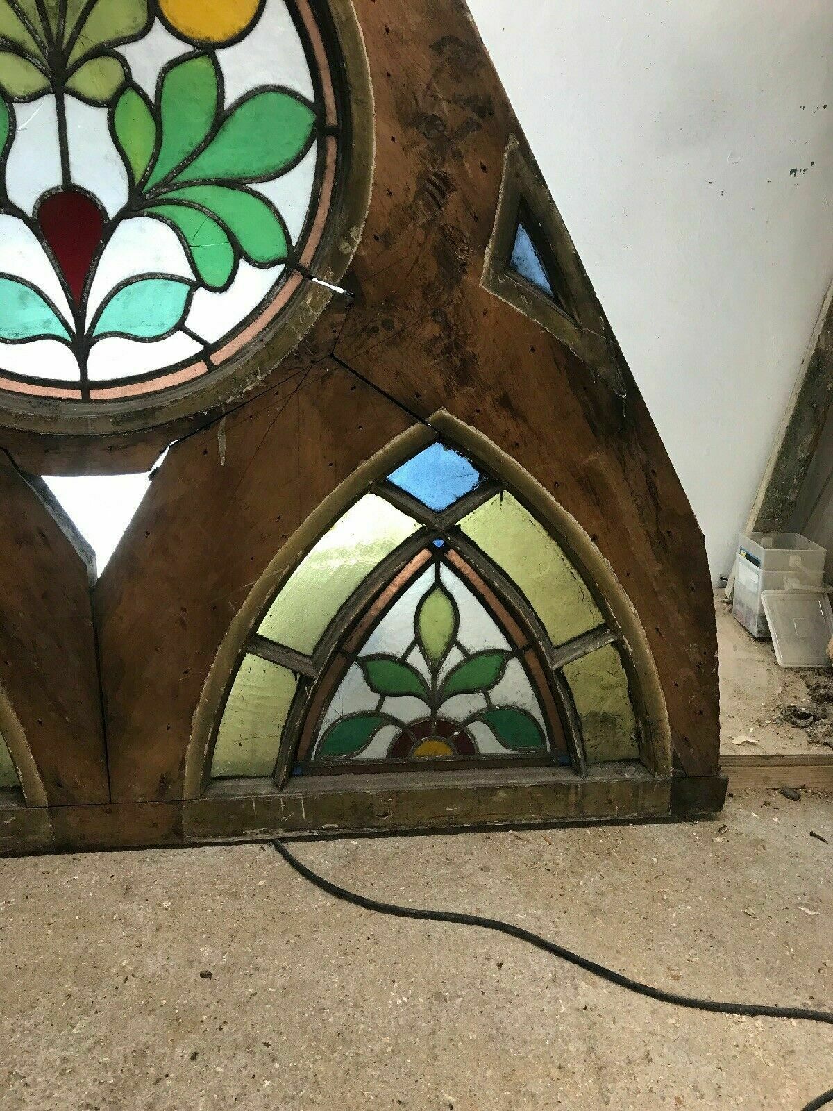 Antique Tudor Church Stained Glass Window Old Arch Period Rare 17th Century Wood photo for sale