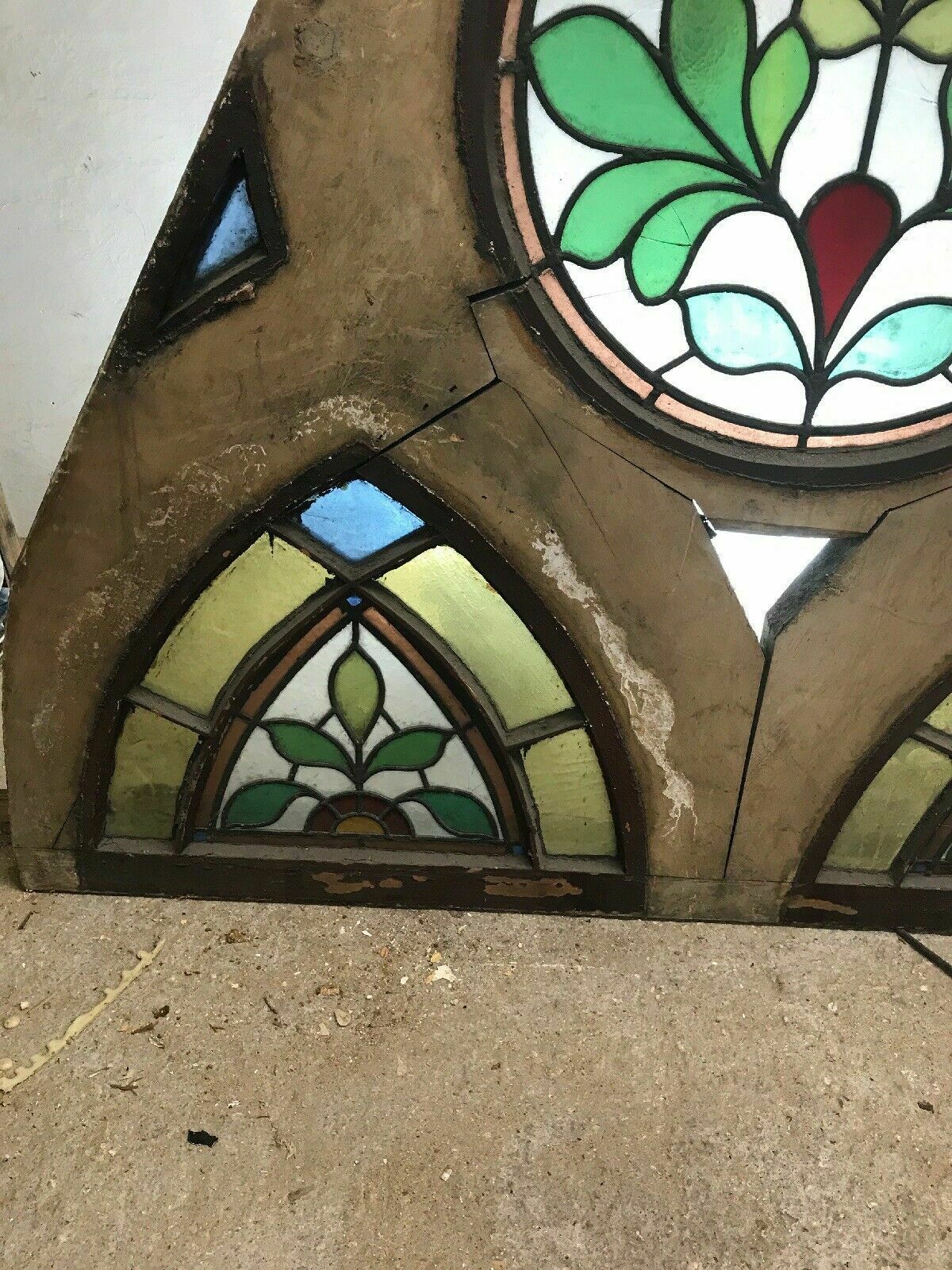 Antique Tudor Church Stained Glass Window Old Arch Period Rare 17th Century Wood photo vintage