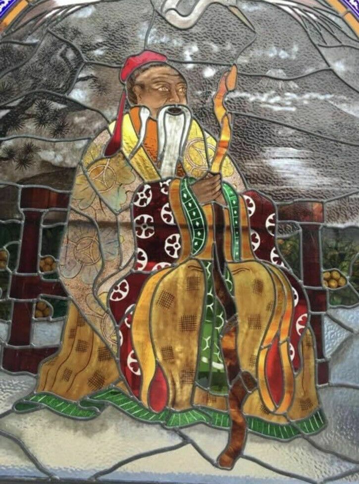 Huge Oriental Hand Painted Stained Glass Window Panel Reclaimed Period Antique photo Home Fixtures