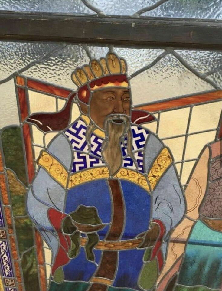 Huge Oriental Hand Painted Stained Glass Window Panel Reclaimed Period Antique photo vinterior