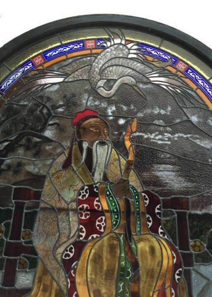 Huge Oriental Hand Painted Stained Glass Window Panel Reclaimed Period Antique photo vintage