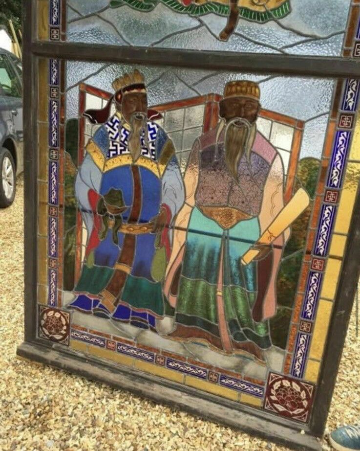 photo furniture Huge Oriental Hand Painted Stained Glass Window Panel Reclaimed Period Antique