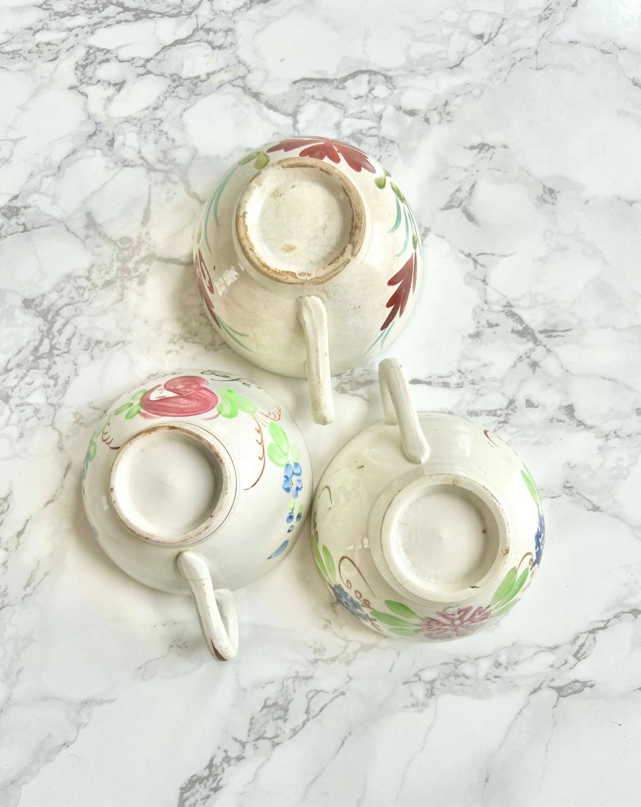 Rare Set Of 3 Antique French Hand Painted Earthenware Coffee Cups photo vinterior
