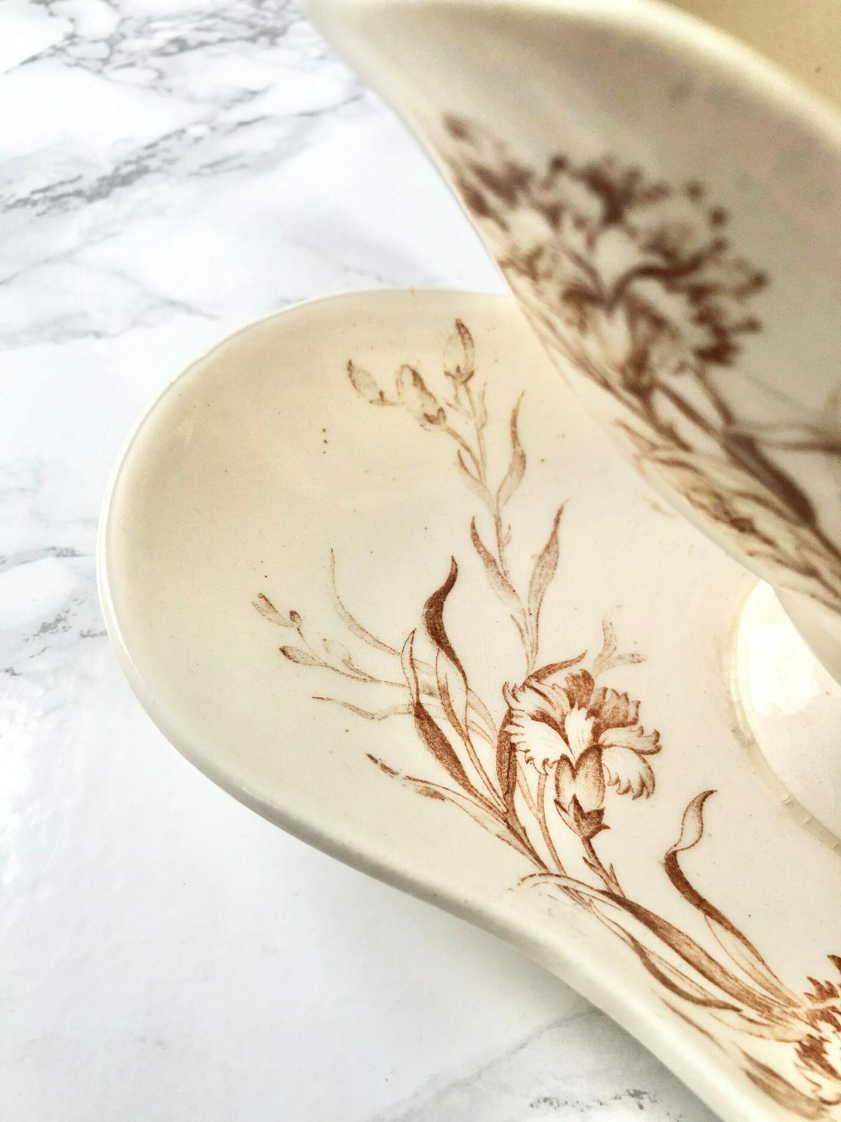 Manufacture Française De Gien   Large Gravy Boat With Transfer Decor In Sepia With Eyelets   Eyelet Pattern photo 63.0