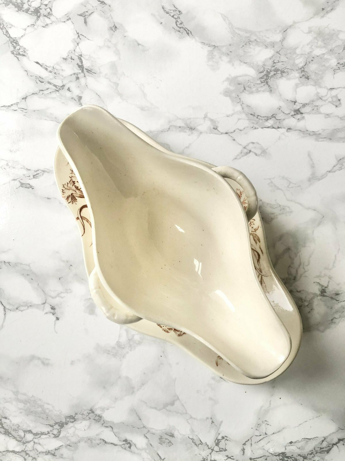 Manufacture Française De Gien   Large Gravy Boat With Transfer Decor In Sepia With Eyelets   Eyelet Pattern photo buy