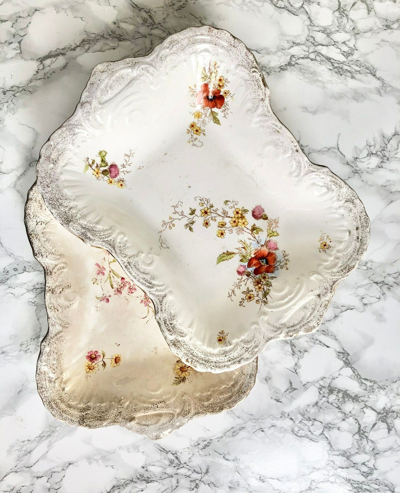 Imperial Bonn   Pair Of Antique 1800 Rectangular Molded Porcelain Bowls, Gilded And Hand Painted With Flowers photo furniture