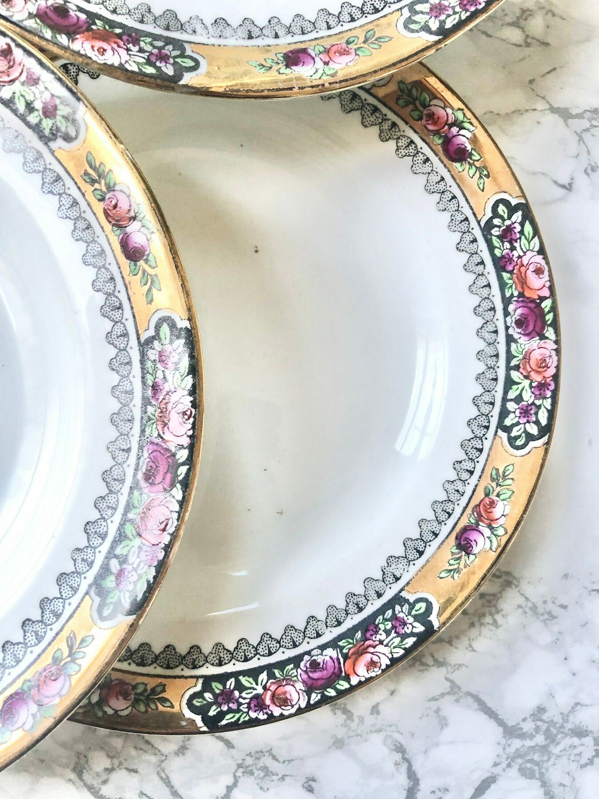 Set Of 6 Small Antique Bone China Plates Decorated With Hand Painted Flowers And Gilding photo for sale