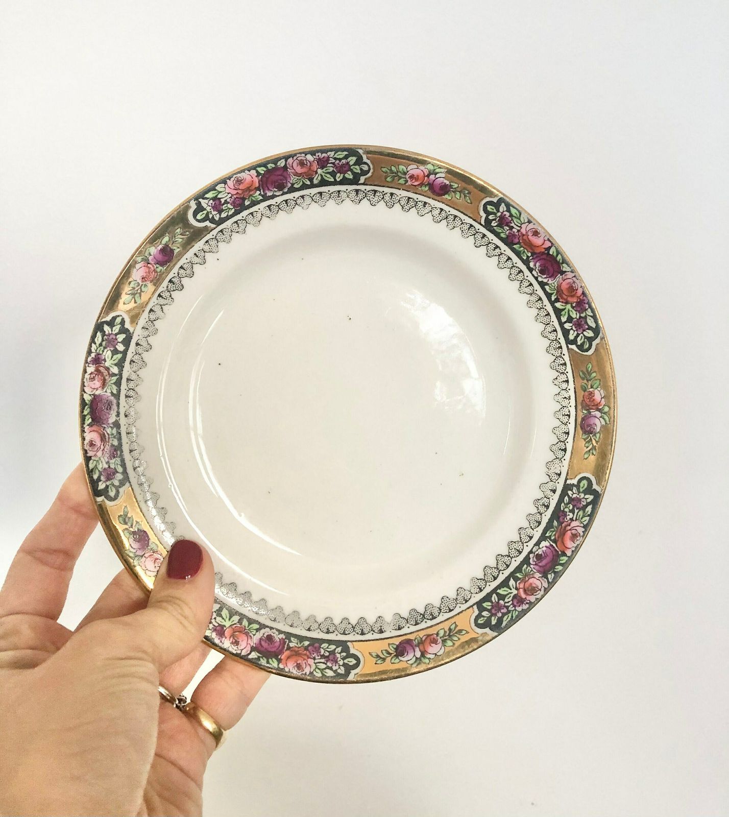 Set Of 6 Small Antique Bone China Plates Decorated With Hand Painted Flowers And Gilding photo vintage