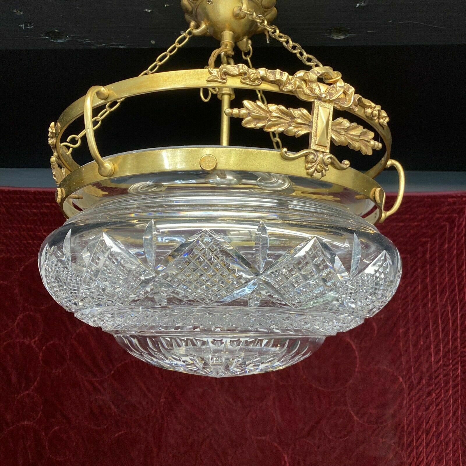 Antique Gilt Brass Cut Lead Crystal Ceiling Bowl Louis XV 19th Century Light photo Lighting