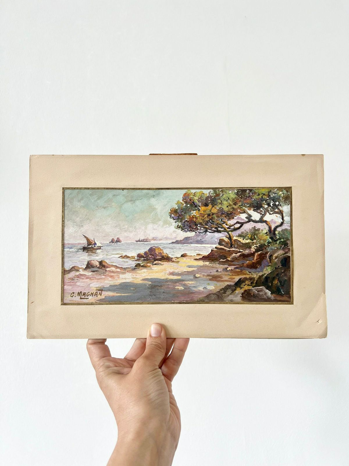 Old Orientalist Painting Gouache On Seaside Marine Cardboard   Signed Lower Left   Original French Painting photo vinterior
