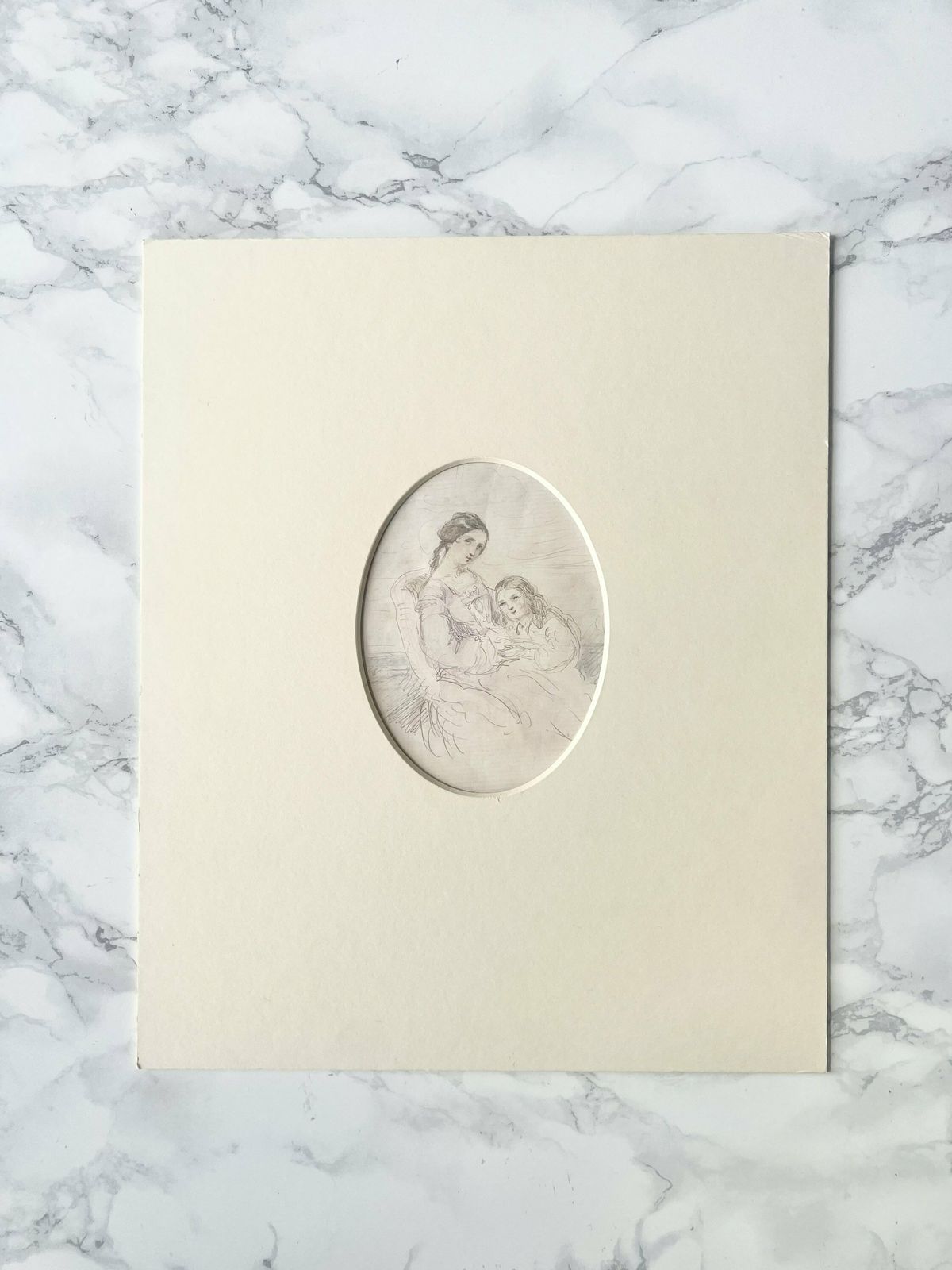 Antique Watercolored Pencil Drawing Showing A Victorian Woman And Her Child   In An Oval View Mount