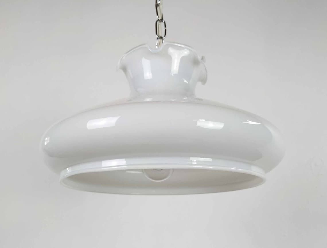 photo furniture Italian White Glass And Chromed Aluminum Pendant Light, Mid Century Ceiling Light, Vintage 1970s Lighting