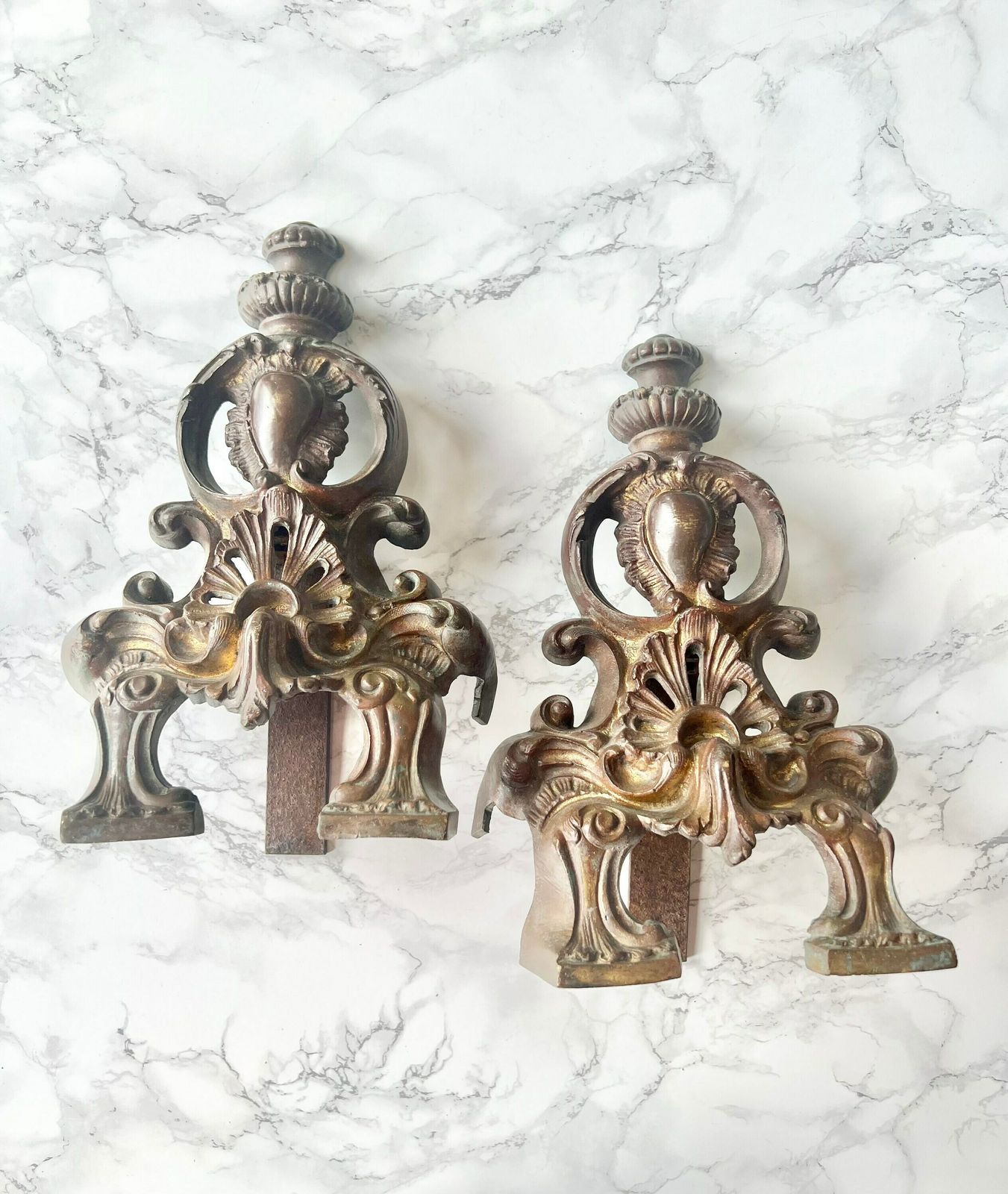 Pair Of Antique French Fire Dogs In Solid Bronze Formerly Gilded   Baroque Motifs Of Burning Hearts