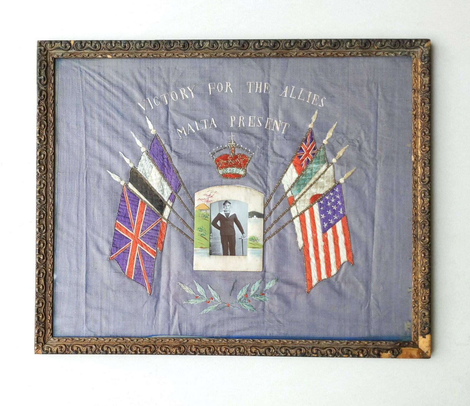 Antique Framed World War 1 Embroidered Panel With Allied Flags And Photograph Of Navy Sailor In Japanese Silk Frame
