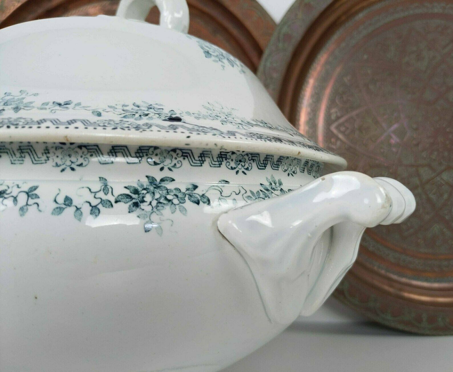 Antique French St Amand White And Blue Ironstone Pedestal Tureen, Rustic French Kitchen Pottery Serving Dish, Ceramic Table Centerpiece photo vintage