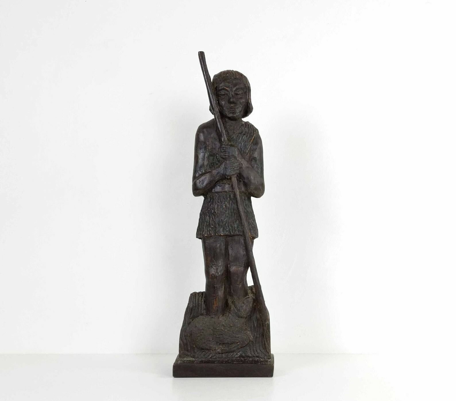 Large 1960s French Wood Sculpture Of A Shepherd And Sheep, Mid Century Handmade Wooden Statue