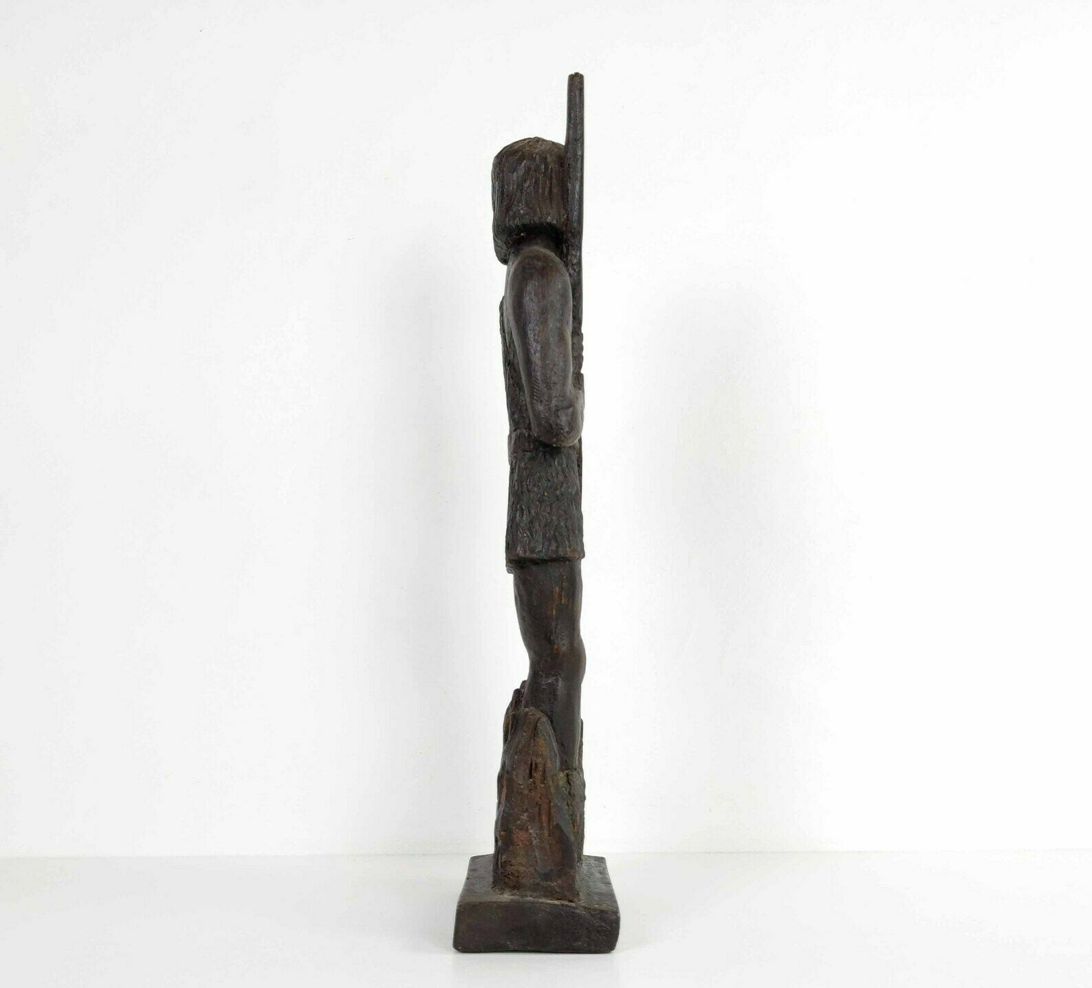 Large 1960s French Wood Sculpture Of A Shepherd And Sheep, Mid Century Handmade Wooden Statue photo 77.0