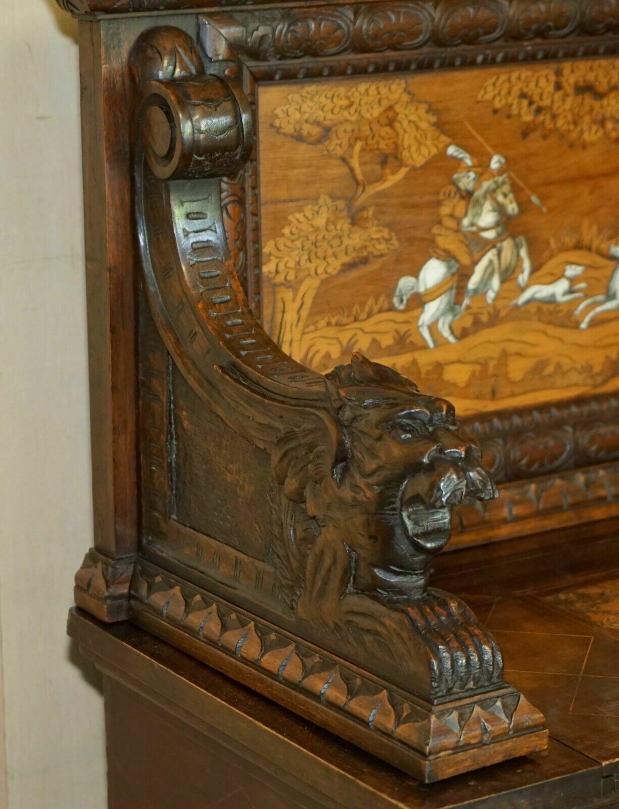 Antique Lion Griffon Carved Italian 1860 Monks Settle Bench Internal Storage photo buy