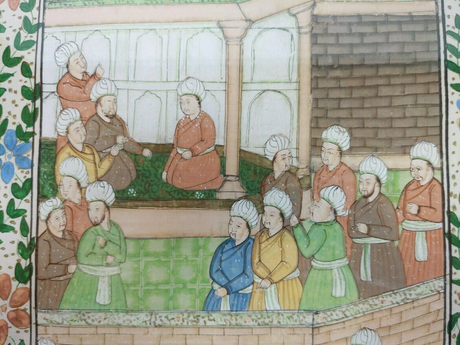 Framed Indian Mughal Oil Painting On Silk Fabric Of Royal Court Scene photo vintage