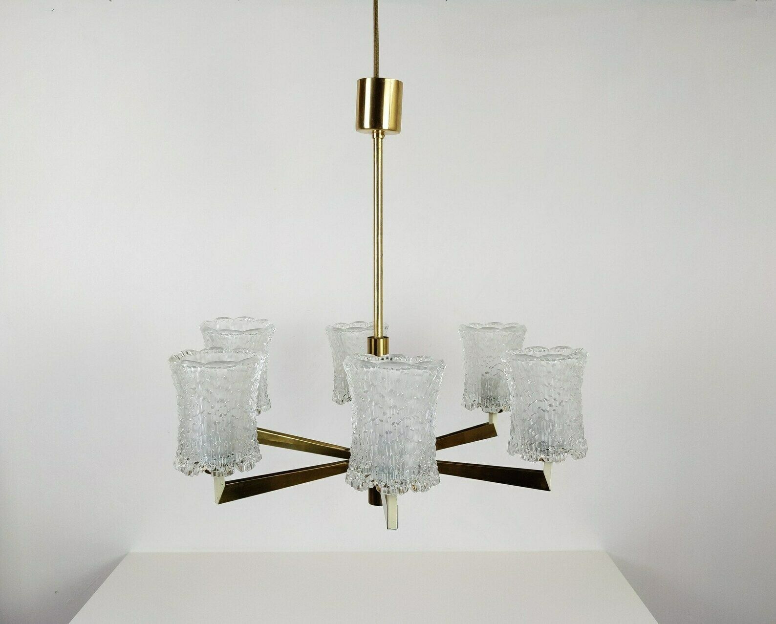 Vintage Mcm 1960s 6 Arm Brassed And Pressed Frosted Crystal Glass Chandelier Light