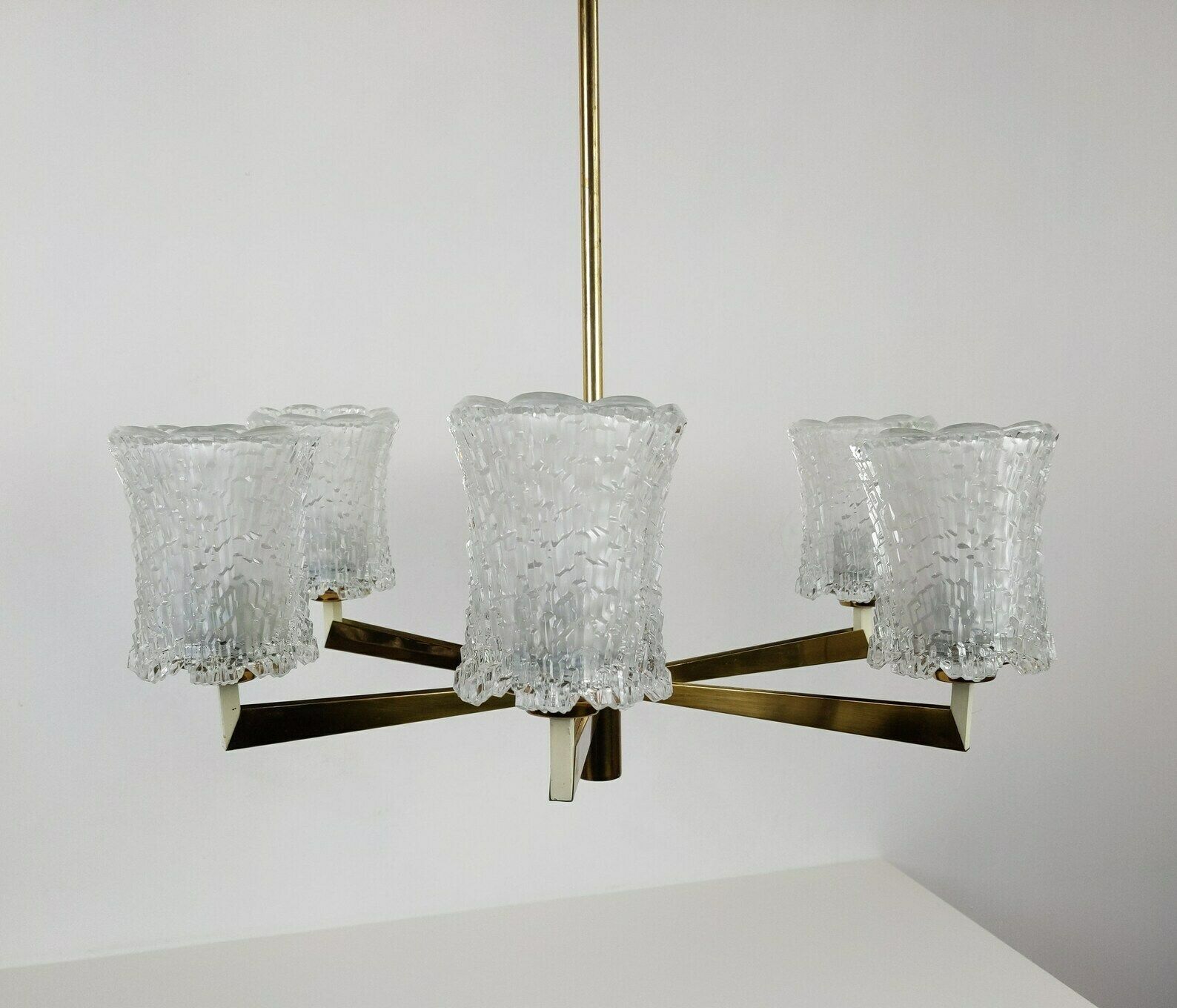 Vintage Mcm 1960s 6 Arm Brassed And Pressed Frosted Crystal Glass Chandelier Light photo furniture