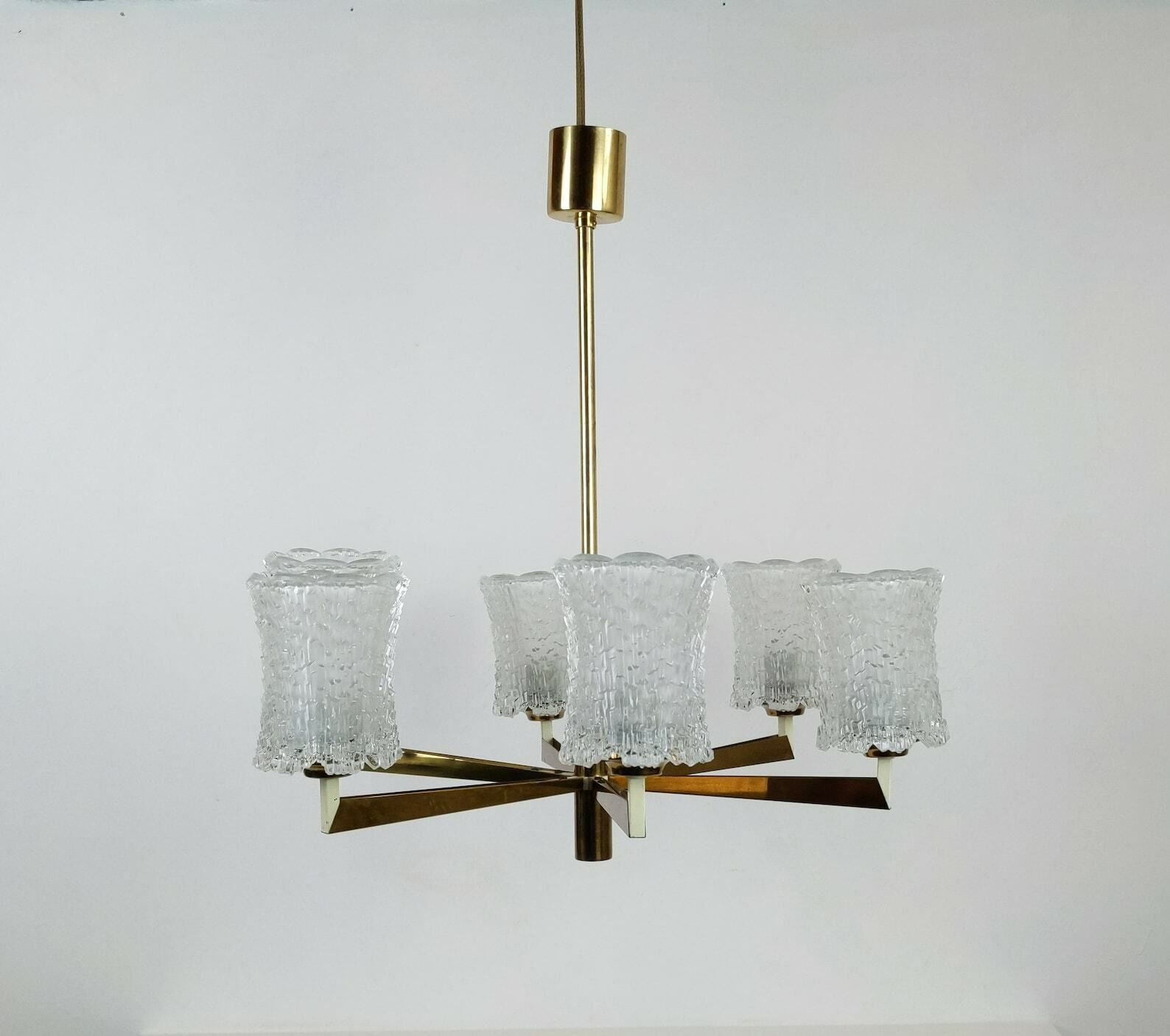 Vintage Mcm 1960s 6 Arm Brassed And Pressed Frosted Crystal Glass Chandelier Light photo Lighting
