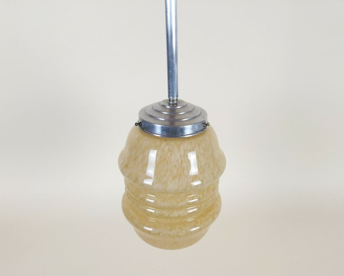 Vintage French Tiered Yellow Marbled Glass Pendant Light 1930s Electric Ceiling Light With Galley And Integrated Ceiling Rose photo 136.0