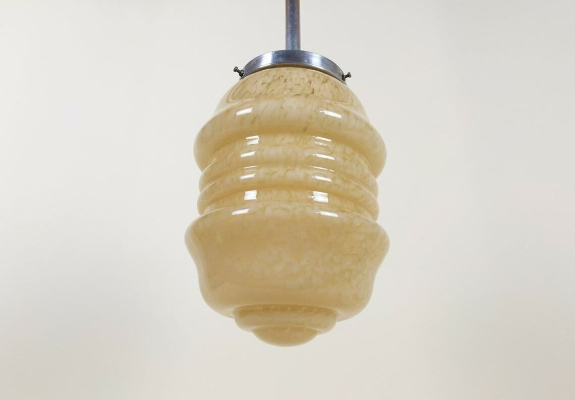 photo for sale Vintage French Tiered Yellow Marbled Glass Pendant Light 1930s Electric Ceiling Light With Galley And Integrated Ceiling Rose