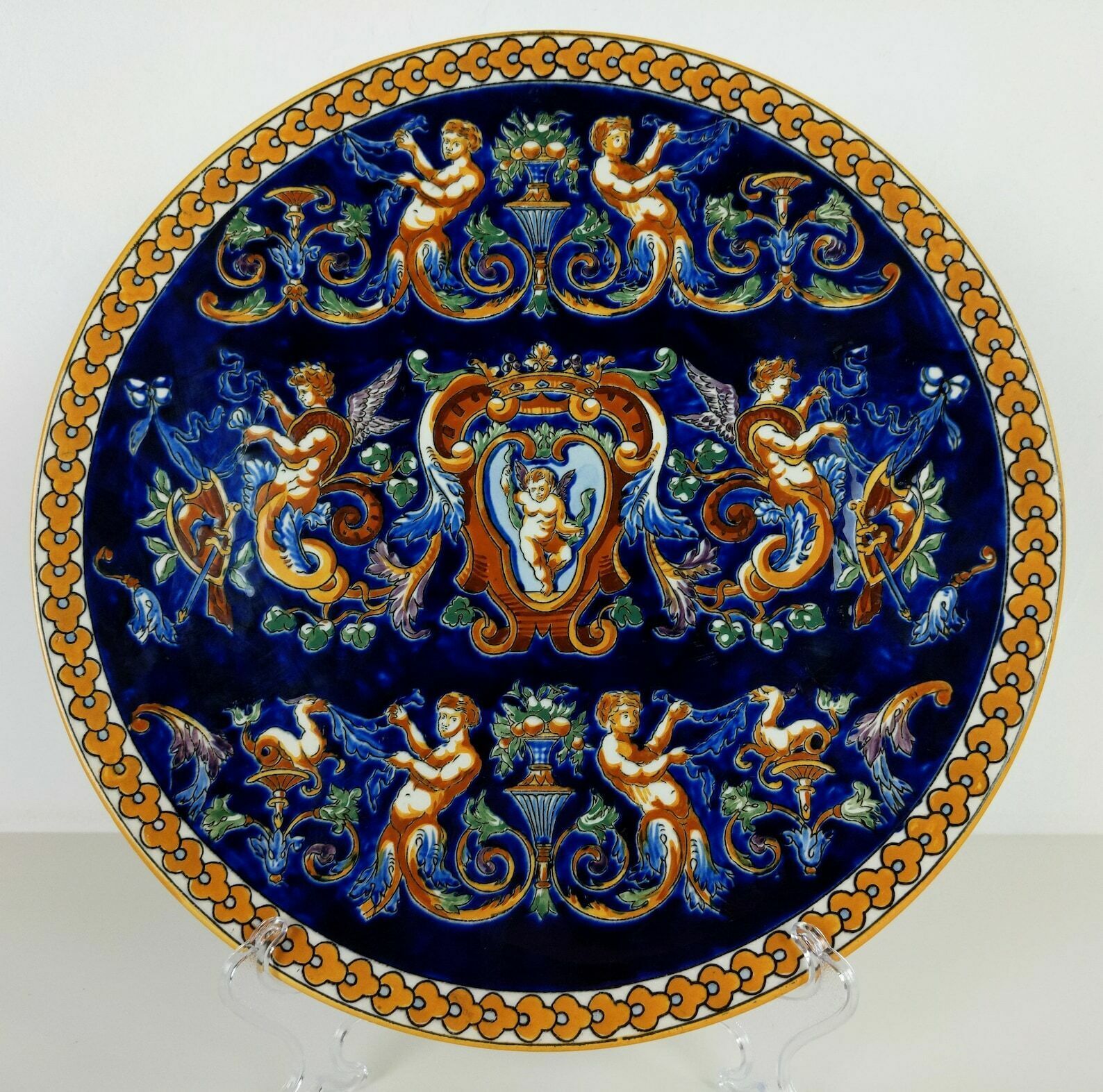 Large French Gien Pottery Royal Cobalt Blue Hand Painted Renaissance Style Cherub And Putti Dish photo for sale