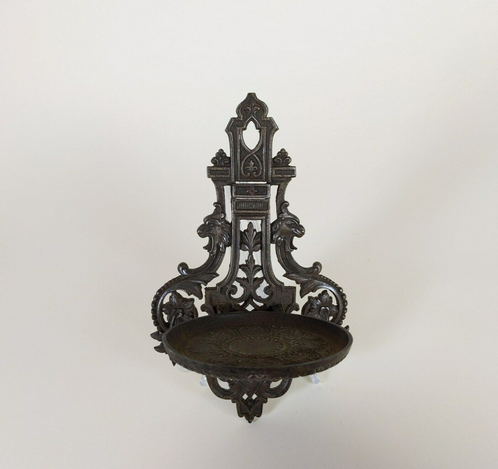 French Antique Pewter Metal Wall Hanging Folding Travelling Castle Candle Holder & Religious Statue Stand Shelf Late 1800s Victorian Period photo furniture