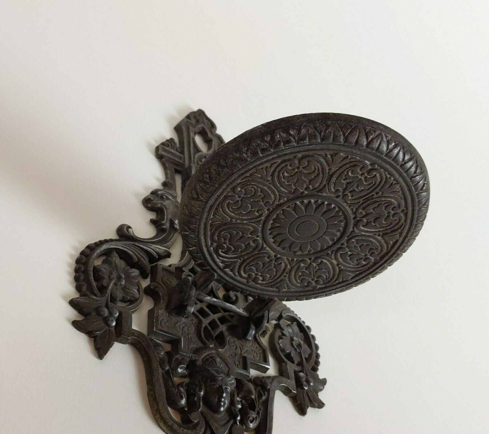 French Antique Pewter Metal Wall Hanging Folding Travelling Castle Candle Holder & Religious Statue Stand Shelf Late 1800s Victorian Period photo buy