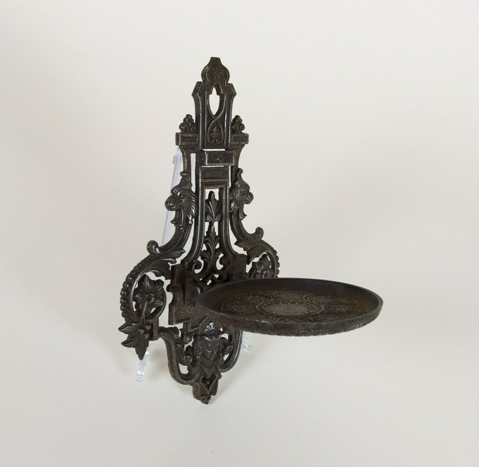 French Antique Pewter Metal Wall Hanging Folding Travelling Castle Candle Holder & Religious Statue Stand Shelf Late 1800s Victorian Period photo vintage