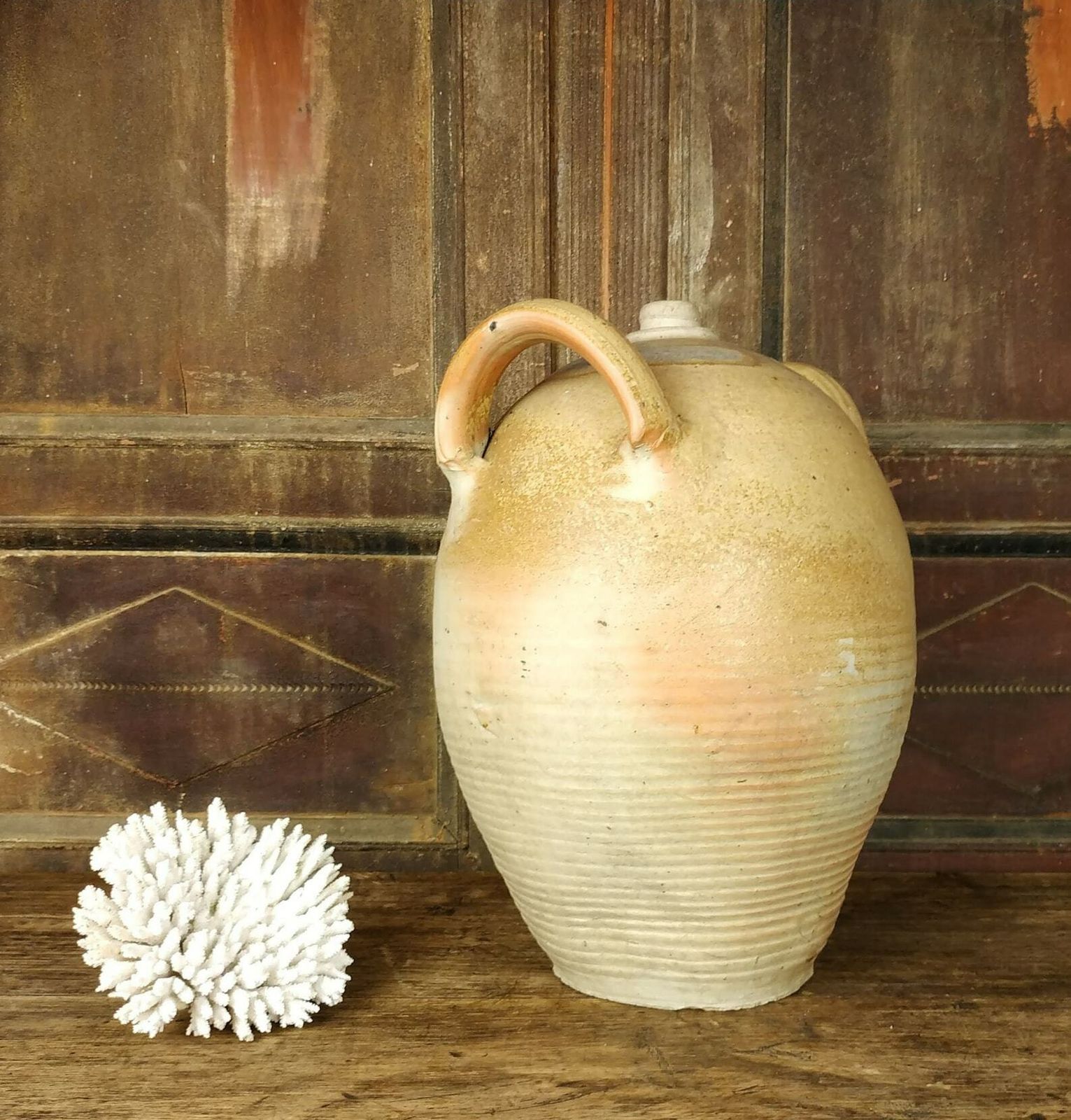 Very Large French Antique Salt Glazed Stoneware Primitive Ceramic Earthenware Wine Vinegar Jar With Handles, Early 20th Century 1900's photo for sale