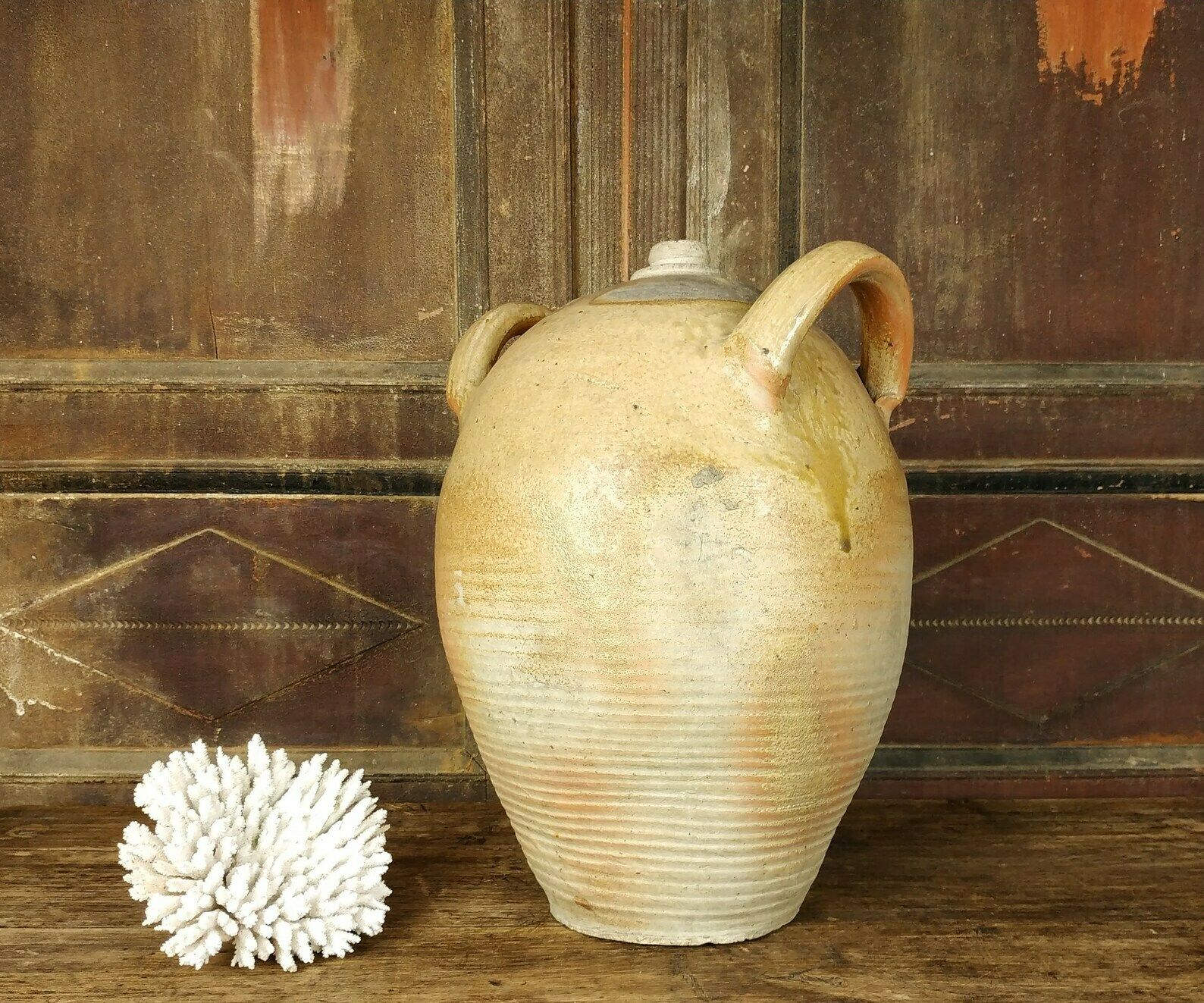 Very Large French Antique Salt Glazed Stoneware Primitive Ceramic Earthenware Wine Vinegar Jar With Handles, Early 20th Century 1900's photo 154.0