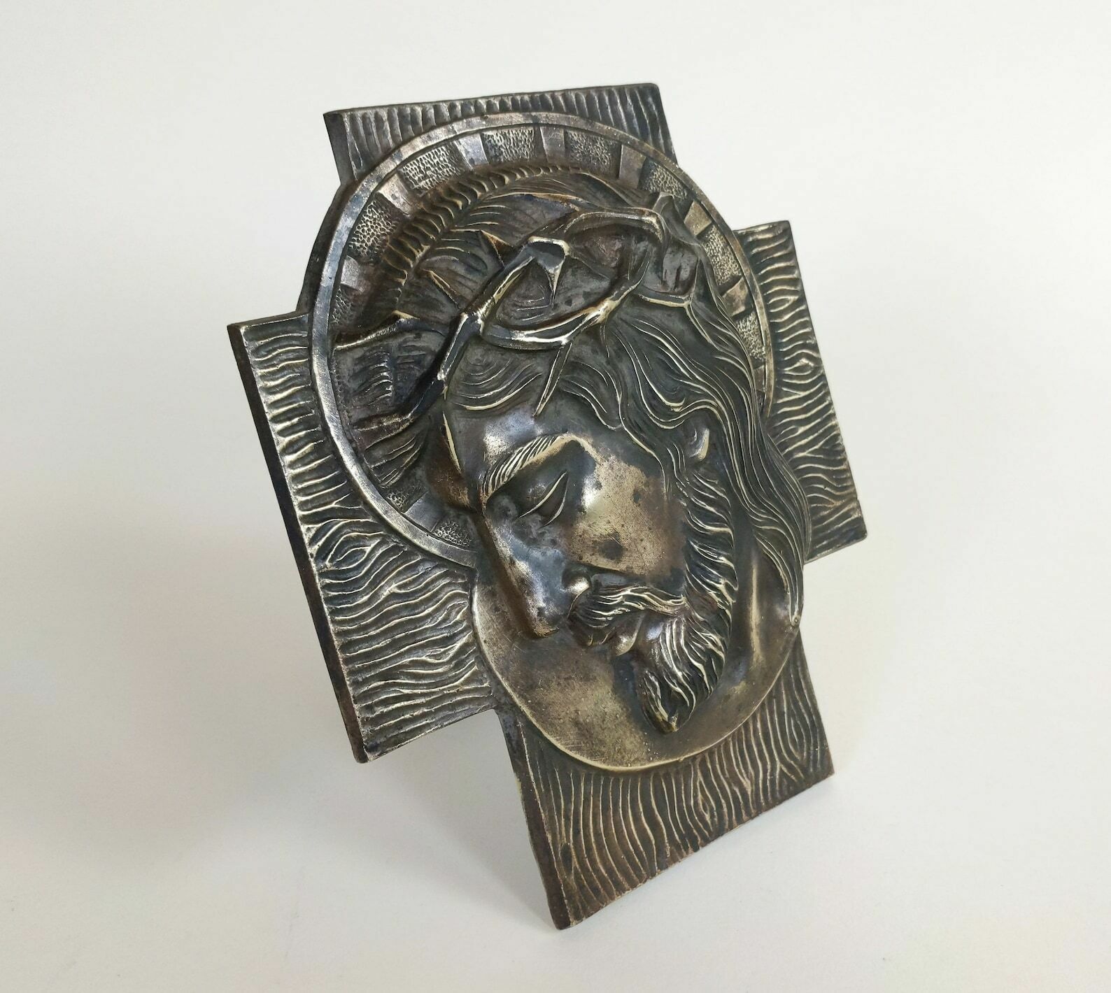 French Antique Solid Bronze Patinated Christian Religious Jesus Christ Door Or Wood Panel Crown Of Thorns Crucifix Sculpture Signed Rosnac photo 163.0