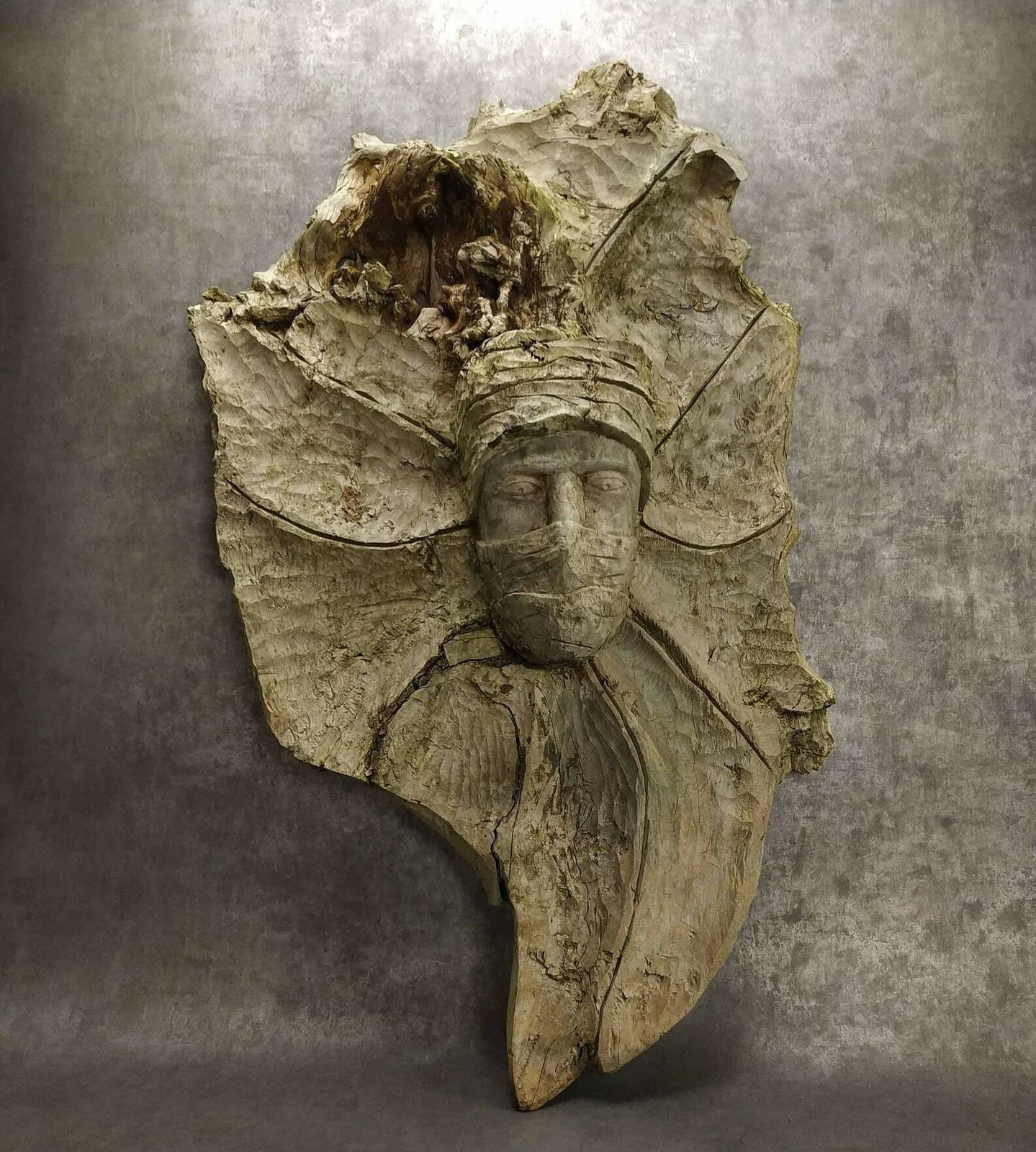 Rustic French Tree Root Carving, Large Primitive Wall Hanging Wooden Carving With Persons Head,Folk Art Accent Wall Decoration,Root Wood Art photo furniture