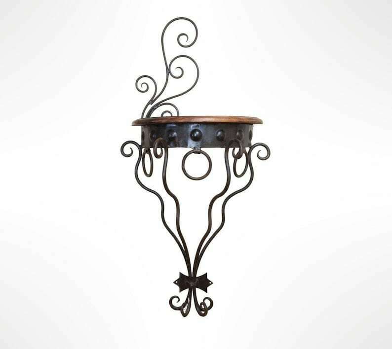 French Vintage Artisan Made Wrought Iron And Hand Forged Iron And Wood Wall Console Shelf