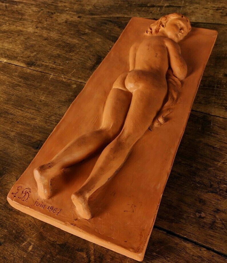 French Ceramic Nude Woman Plaque, Vintage Erotic Plaque, Vintage Earthenware Art, French Folk Art, Vintage Studio Pottery, Vernacular Art photo for sale