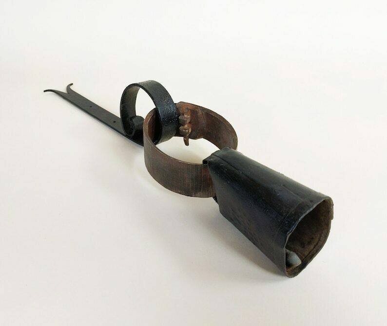 French Antique Primitive Front Door Hanging Cowbell With Wood Collar And Wrought Iron Support For Rustic Mountain Cabin And Farmhouse Decor