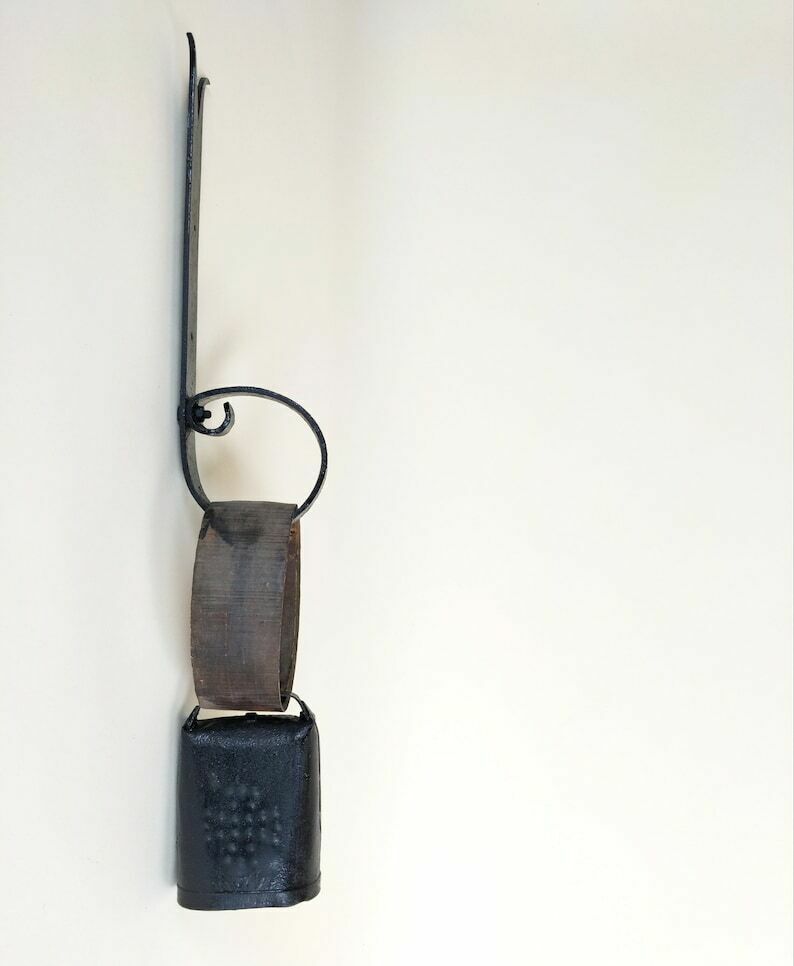 French Antique Primitive Front Door Hanging Cowbell With Wood Collar And Wrought Iron Support For Rustic Mountain Cabin And Farmhouse Decor photo furniture
