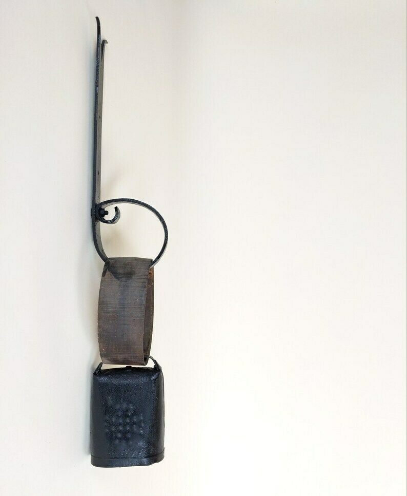 photo for sale French Antique Primitive Front Door Hanging Cowbell With Wood Collar And Wrought Iron Support For Rustic Mountain Cabin And Farmhouse Decor