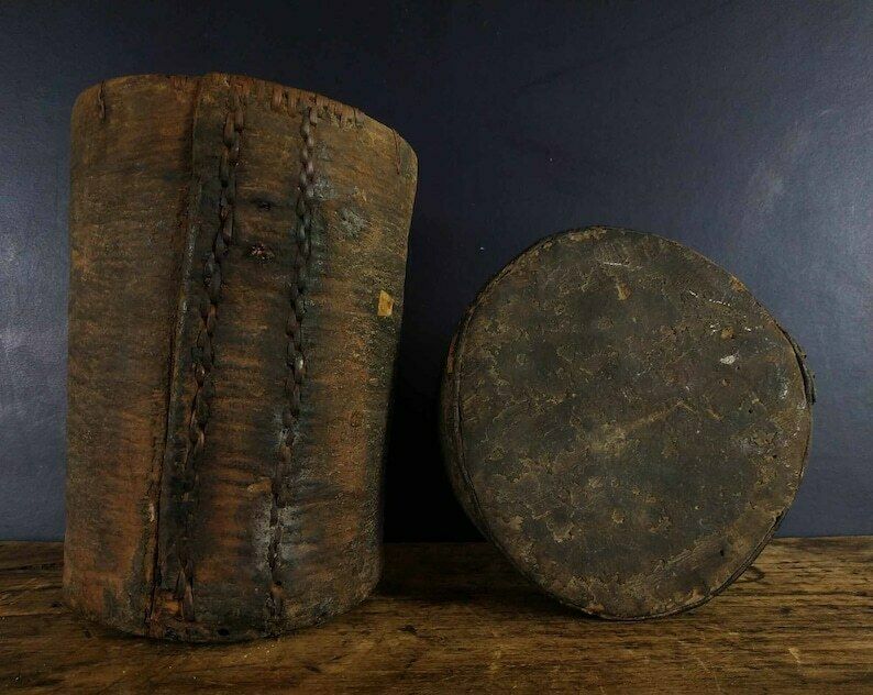 photo for sale 19th Century Gabon Africa Wood Tree Bark Container Box, Antique Primitive Bentwood African Wooden Treen Box