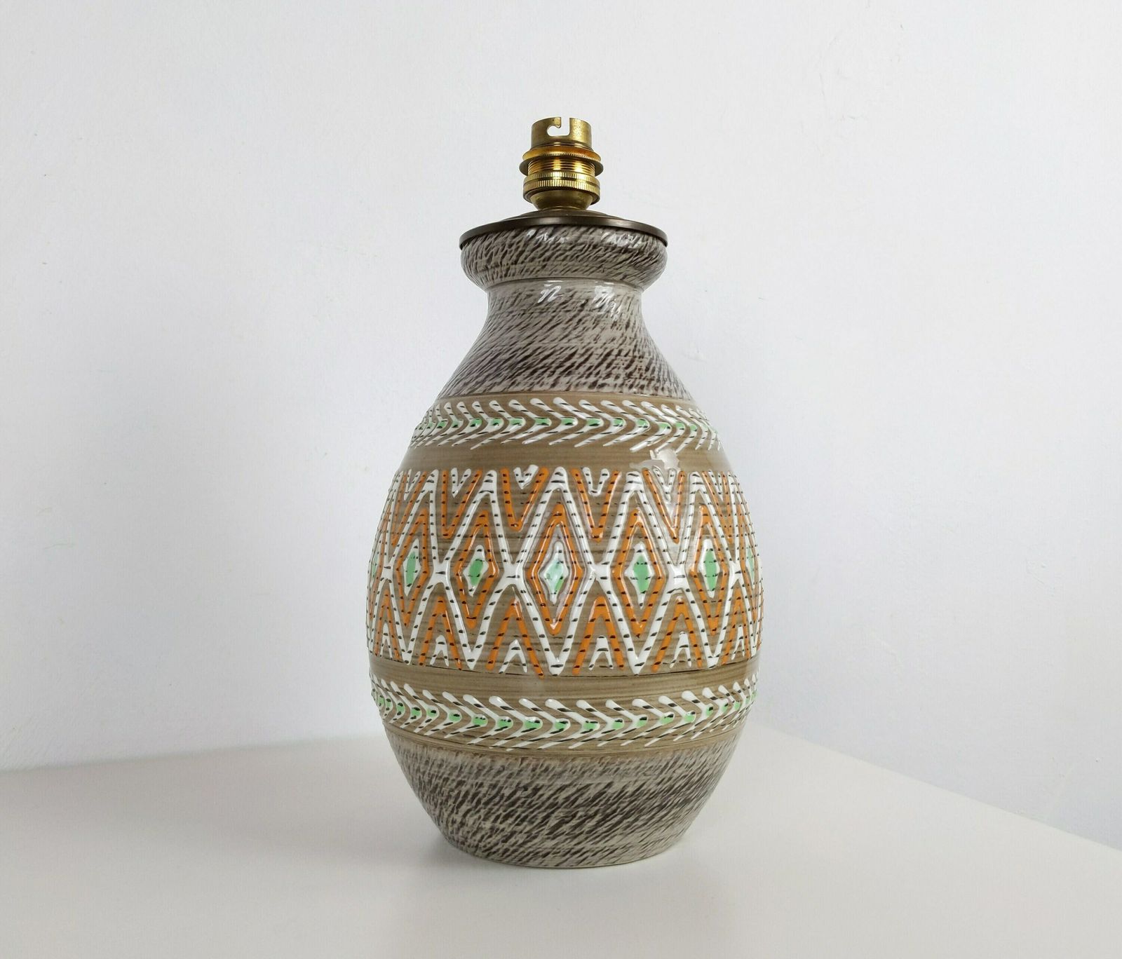 Vintage French Jacques Breugnot Ceramic Lamp, Signed + Dedicated 1980s Studio Pottery Light, 1950s Style Enamel Decorated Electric Lamp Base
