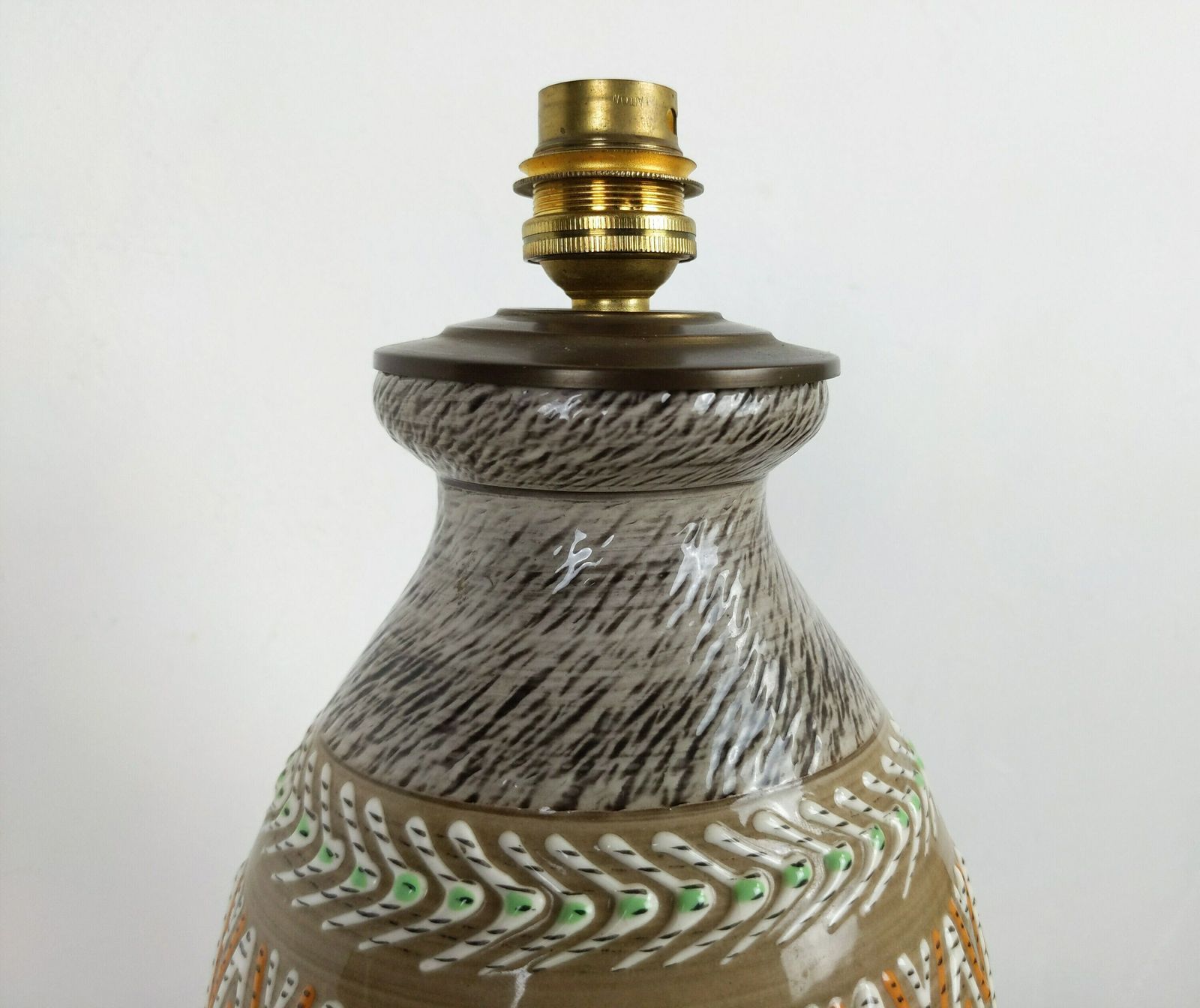 Vintage French Jacques Breugnot Ceramic Lamp, Signed + Dedicated 1980s Studio Pottery Light, 1950s Style Enamel Decorated Electric Lamp Base photo vinterior