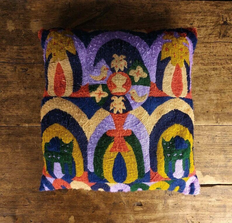 Vintage Hand Made Cushion, Folk Art Cushion, Vintage Embroidery Cushion, Vintage Knitted Cushion, Vintage Cat Cushion, French Bird Cushion