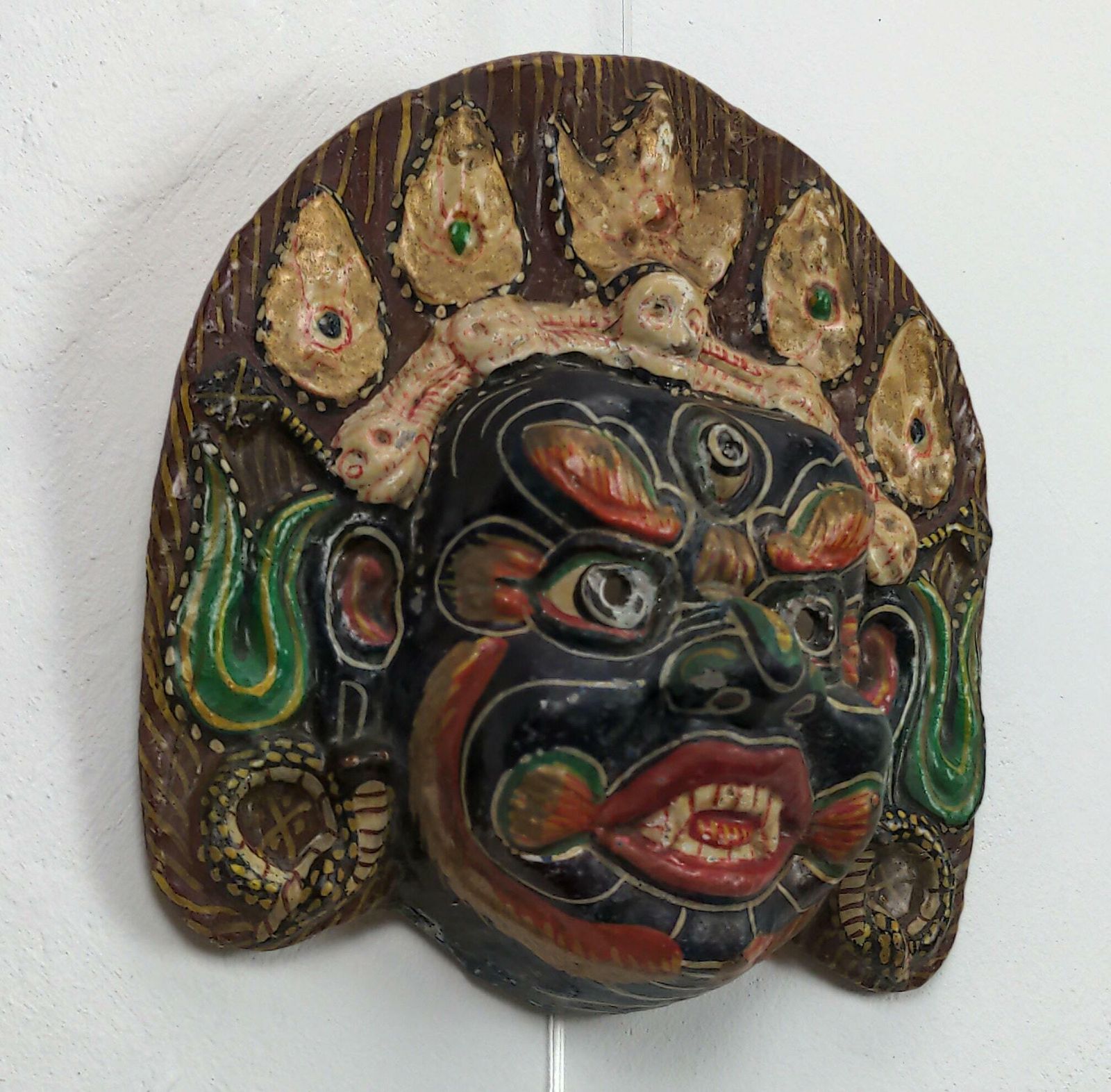 Vintage Nepal Bhairav Paper Mache Mask, Hand Painted Nepalese Hanging Mask, Accent Wall Home Decor, Vintage Buddhist Mask photo furniture
